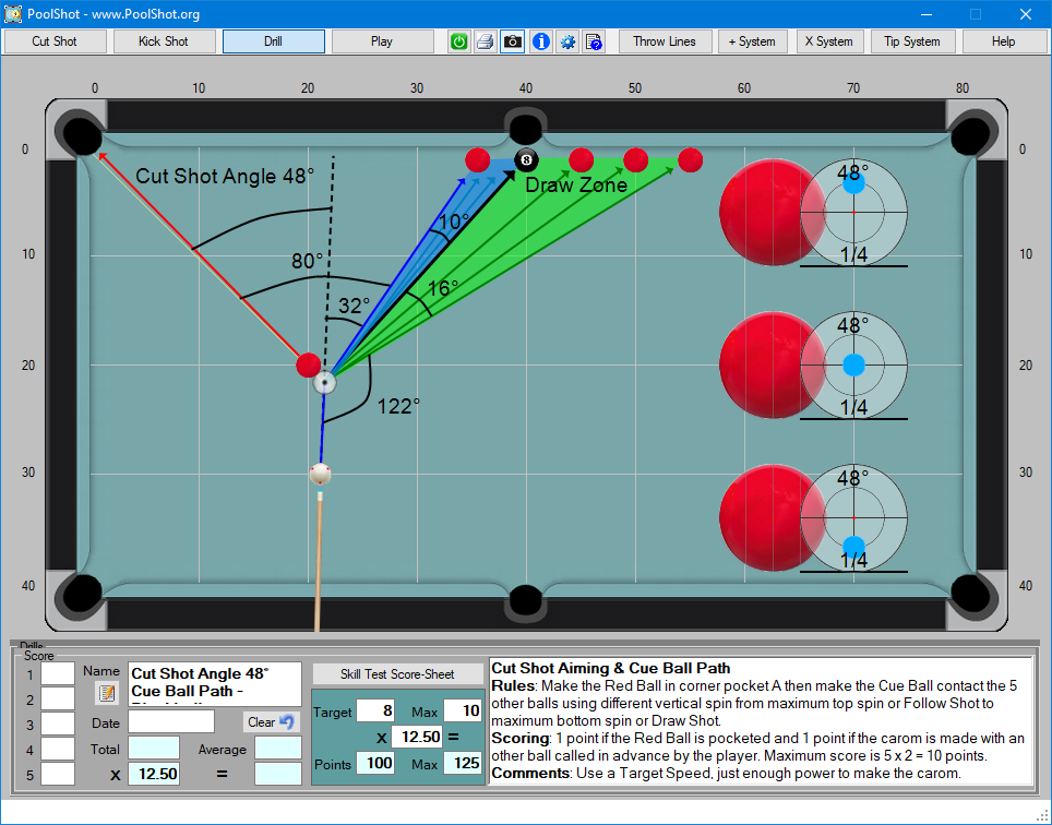 Cut Shot Angle 48° Cue Ball Path - Blackball